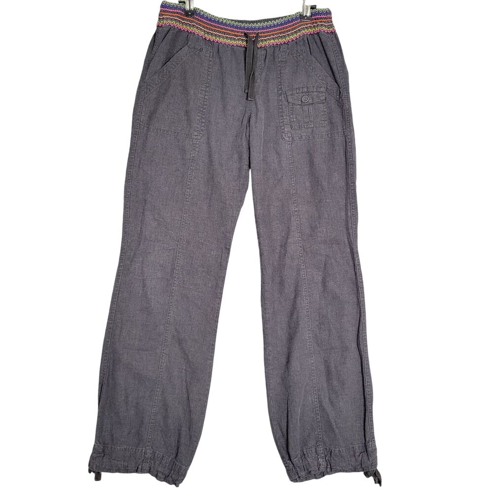 Anthropologie HEI HEI Gray Linen Blend Mid Rise Smocked Drawstring Pants SIZE 8